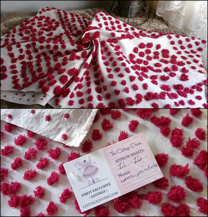 Magical "Ruby Slippers" Red Antique Chenille Fabric, 21" x 26" inch Piece, Vintage Handtuft Diamond Circle Puffs in Red Wine on White Cotton