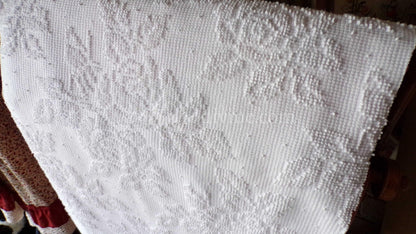 Heavenly White Vintage Chenille Fabric, Cabbage Roses & Dainty Dots, 20" x 30" inch Piece of Sewing Material, Elegant in Quilts, Pillows