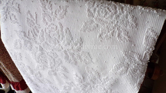 Heavenly White Vintage Chenille Fabric, Cabbage Roses & Dainty Dots, 20" x 30" inch Piece of Sewing Material, Elegant in Quilts, Pillows