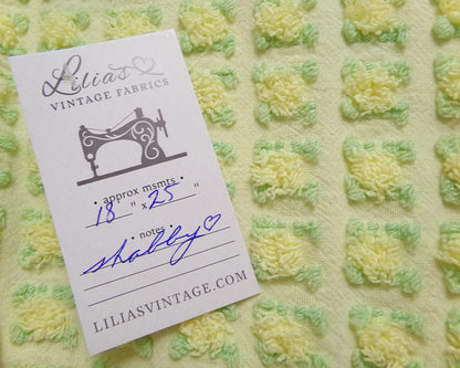 plump yellow rosebud vintage chenille fabric, cottage chic sewing & quilt material, 18" x 25"
