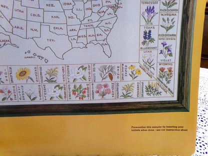 STATES' FLOWER MAP Sampler Vintage Paragon Crewel Embroidery Kit 0449 50 United States Floral Stitchery
