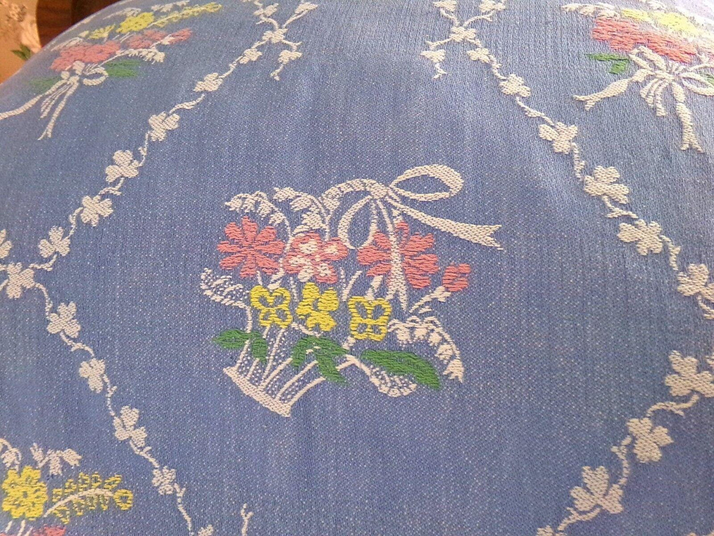 shabby cottage style vintage woven bedspread, fieldcrest blue floral twin coverlet