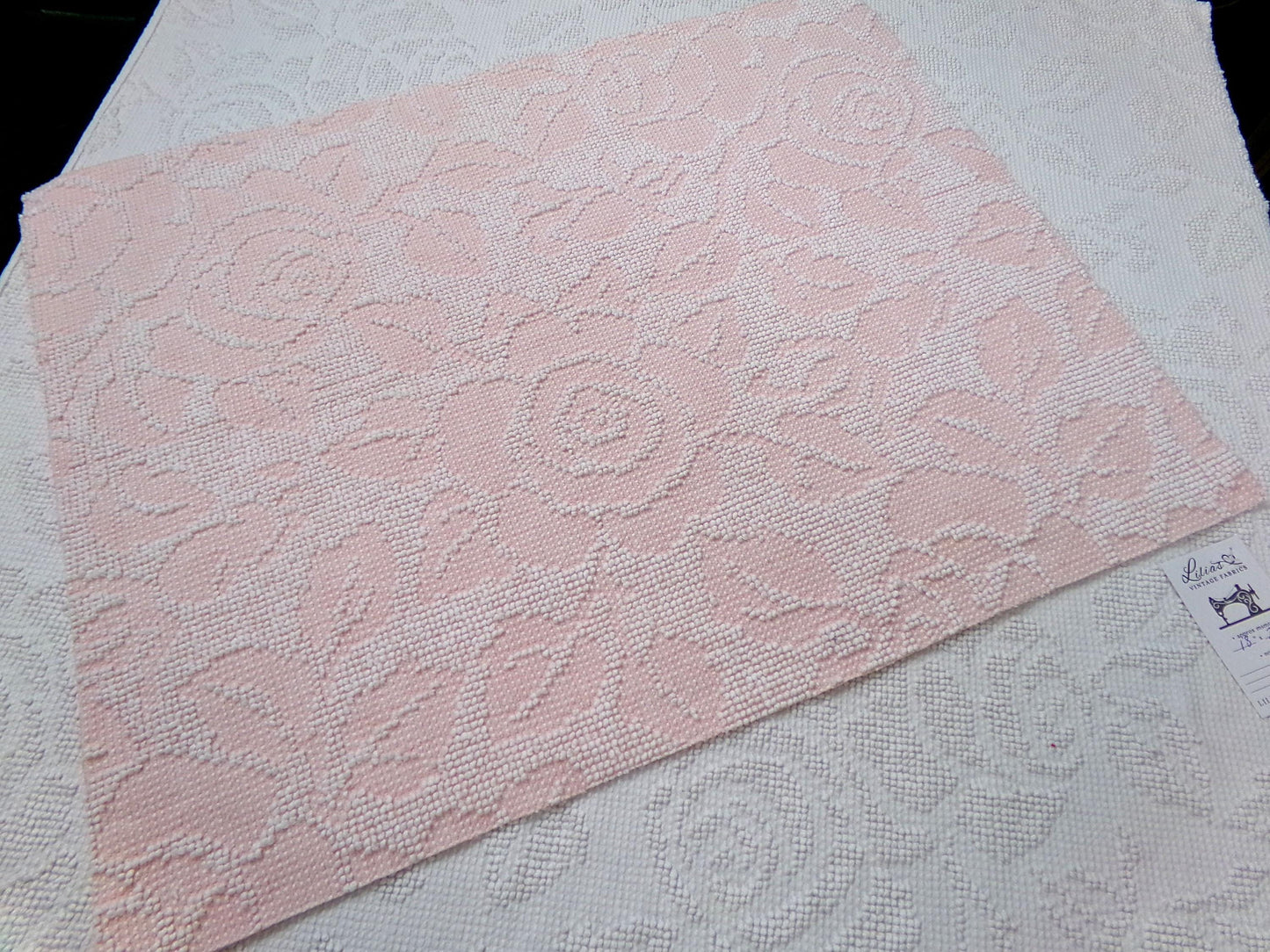 Pink Rose Vintage Hobnail Chenille Fabric Piece Cabbage Rose Reversible Shadow Design 18x24"
