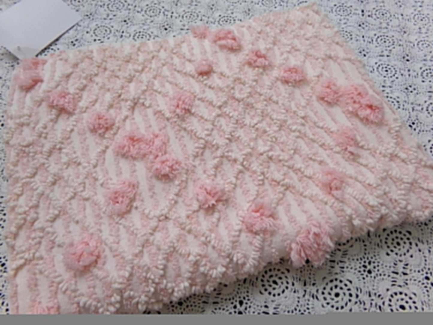 Blush Pink White Vintage Chenille Bedspread Fabric 18x24" Geometric Diamond Puffs