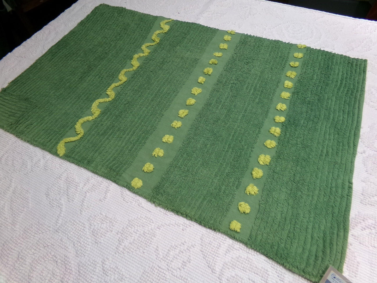 Goblin Green Vintage Chenille Bedspread Fabric Piece | Sewing Quilt Material 17" x 25"