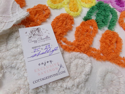 orange & white vintage chenille bedspread fabric, abstract swirl floral design, 25" x 23"