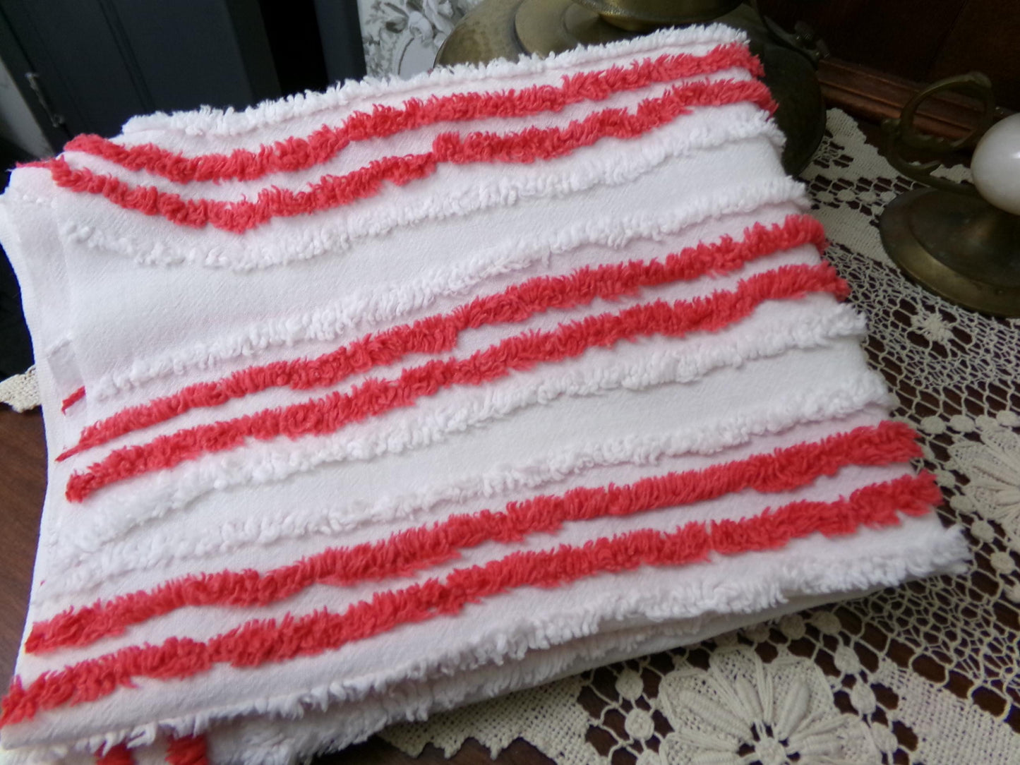 Red & White Striped Chenille Fabric, textured skinny lines craft quilt material, 17" x 27" piece