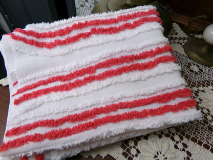 Red & White Striped Chenille Fabric, textured skinny lines craft quilt material, 17" x 27" piece