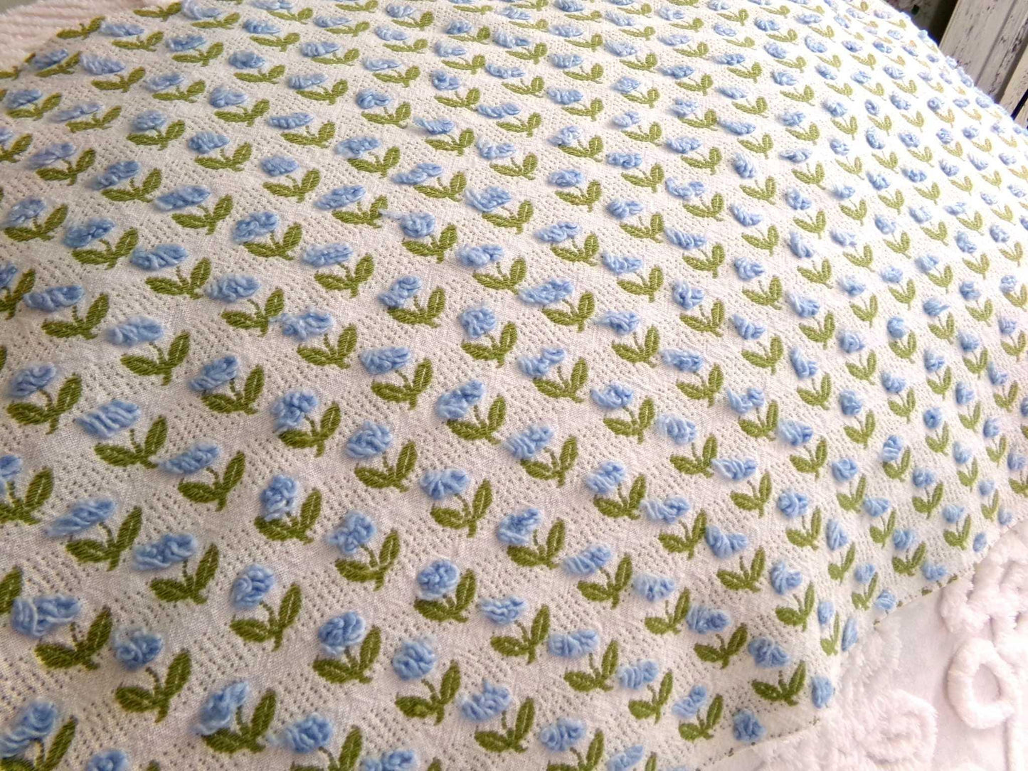 Tulip Garden Vintage Chenille Bedspread Fabric, Little Blue Flowers & Green Leaves, 12" x 24" inch Piece, Sewing Material for Quilts, Crafts