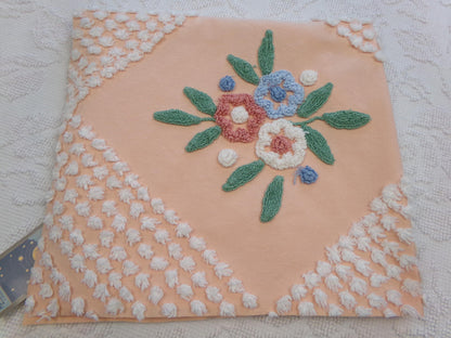 Vintage Peach Chenille Fabric Floral White Puff Tufts, Quilting Crafts Cottage Chic Bedspread Material Upcycle Sewing Supply, 26" x 27"