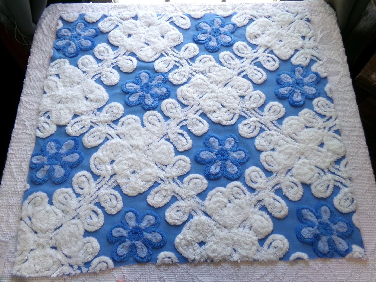 blueberry blossoms vintage chenille fabric, thickly tufted white curlicues & blue rose florals, 27" x 24" cut piece of sewing craft material