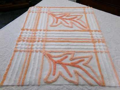 Peach White Vintage Chenille Bedspread Fabric Botanical Leaves Design 21x24"