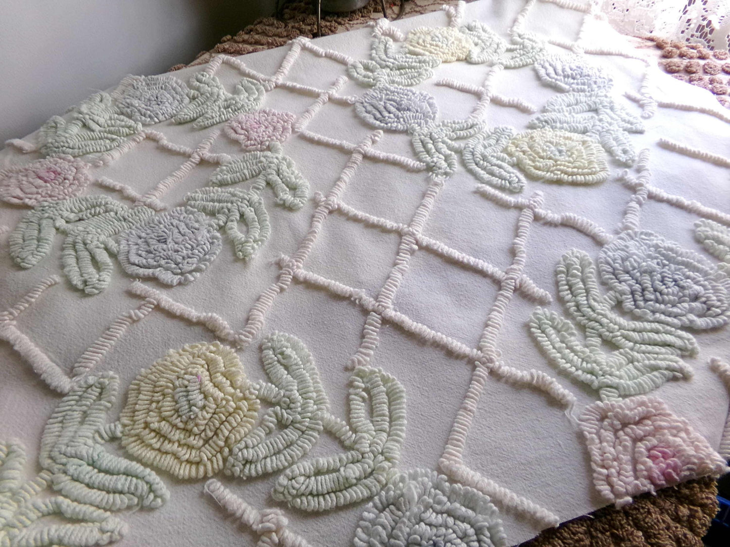 Vintage Chenille Fabric Pastel Spring Floral Wreaths on Antique Cream Cotton, 20" x 24" piece