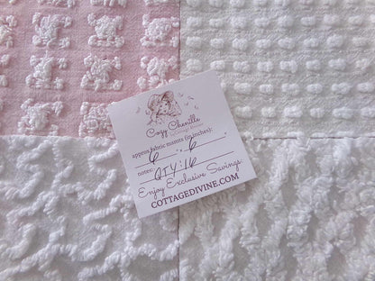 angel feathers chenille fabric squares, pink & white rosebud, lattice, dots, squiggles, vintage square set of 16 quilt blocks, 6" x 6" inch