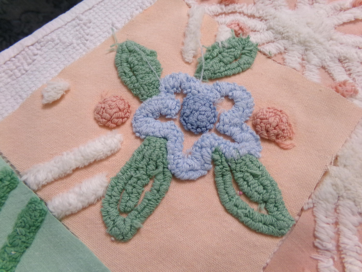 vintage chenille fabric squares, "garden lady" peach & green florals, set of 16 quilt blocks 6" each