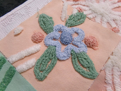 vintage chenille fabric squares, "garden lady" peach & green florals, set of 16 quilt blocks 6" each