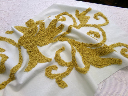 Vintage Gold & White Chenille Fabric: Sophisticated Scroll Design Modern Style Textile Craft Quilting Material, 17" x 27" Piece