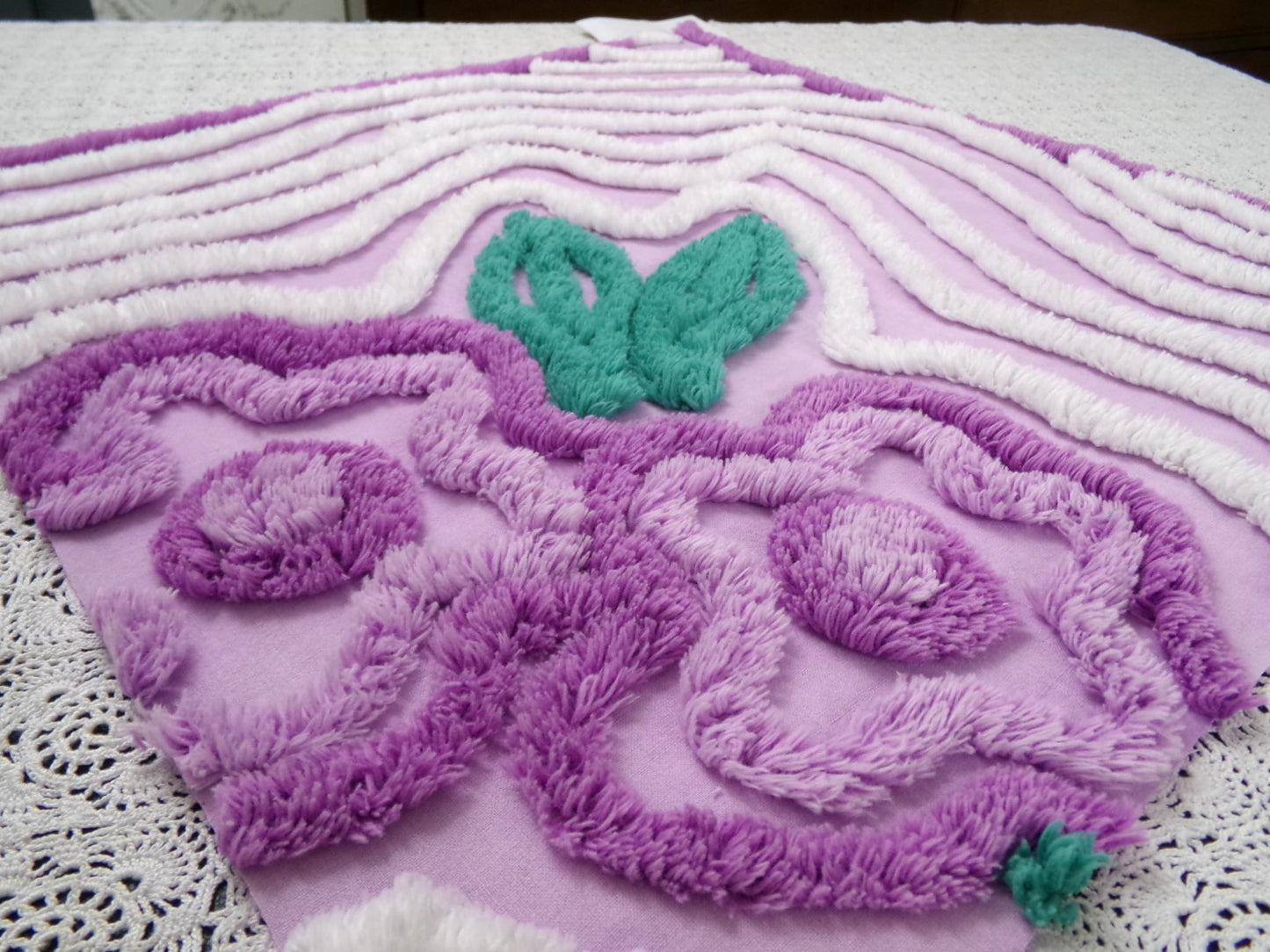 Lilac Vintage Chenille Fabric 17 x 18" Floral Swirl Piece for pillows, crafts