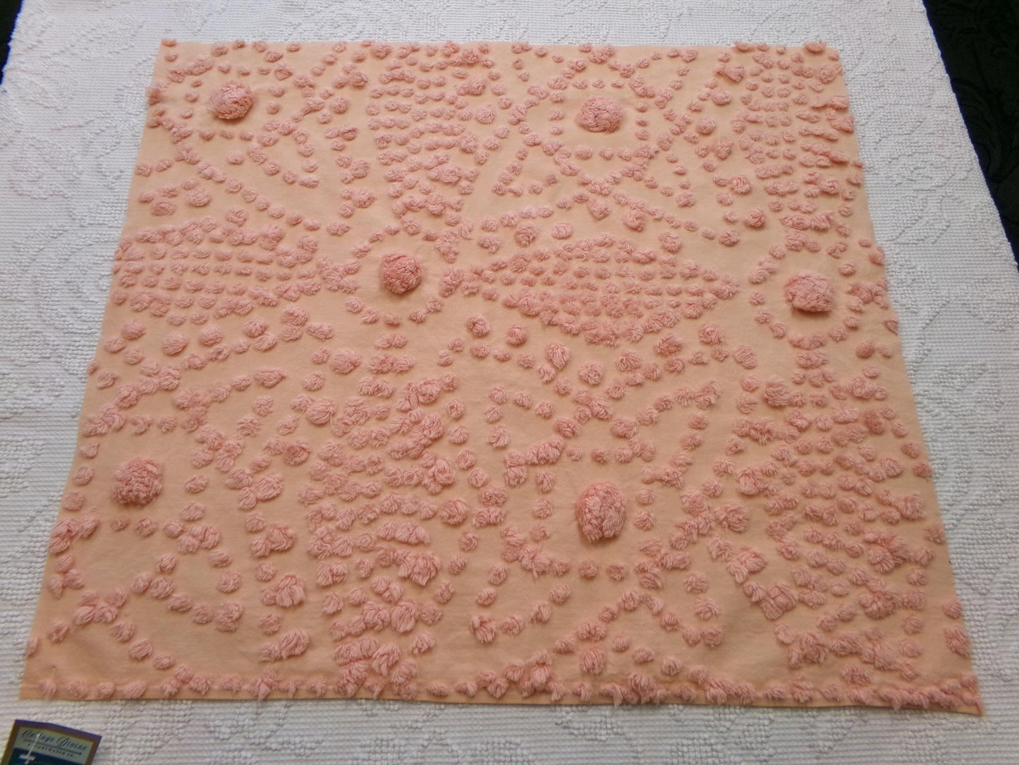 cosmic sunrise vintage chenille fabric, handtufted sun pops, 20" x 23" piece of peach antique sewing & quilt material