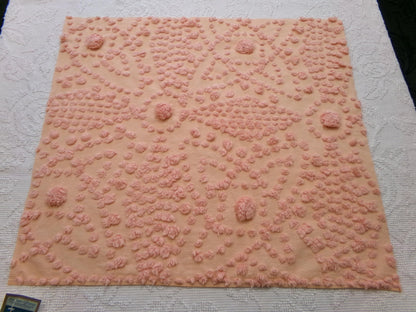 cosmic sunrise vintage chenille fabric, handtufted sun pops, 20" x 23" piece of peach antique sewing & quilt material