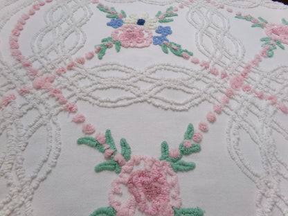 Shabby Wildflowers Vintage Chenille Fabric, pink rose floral sewing material, 20" x 32"