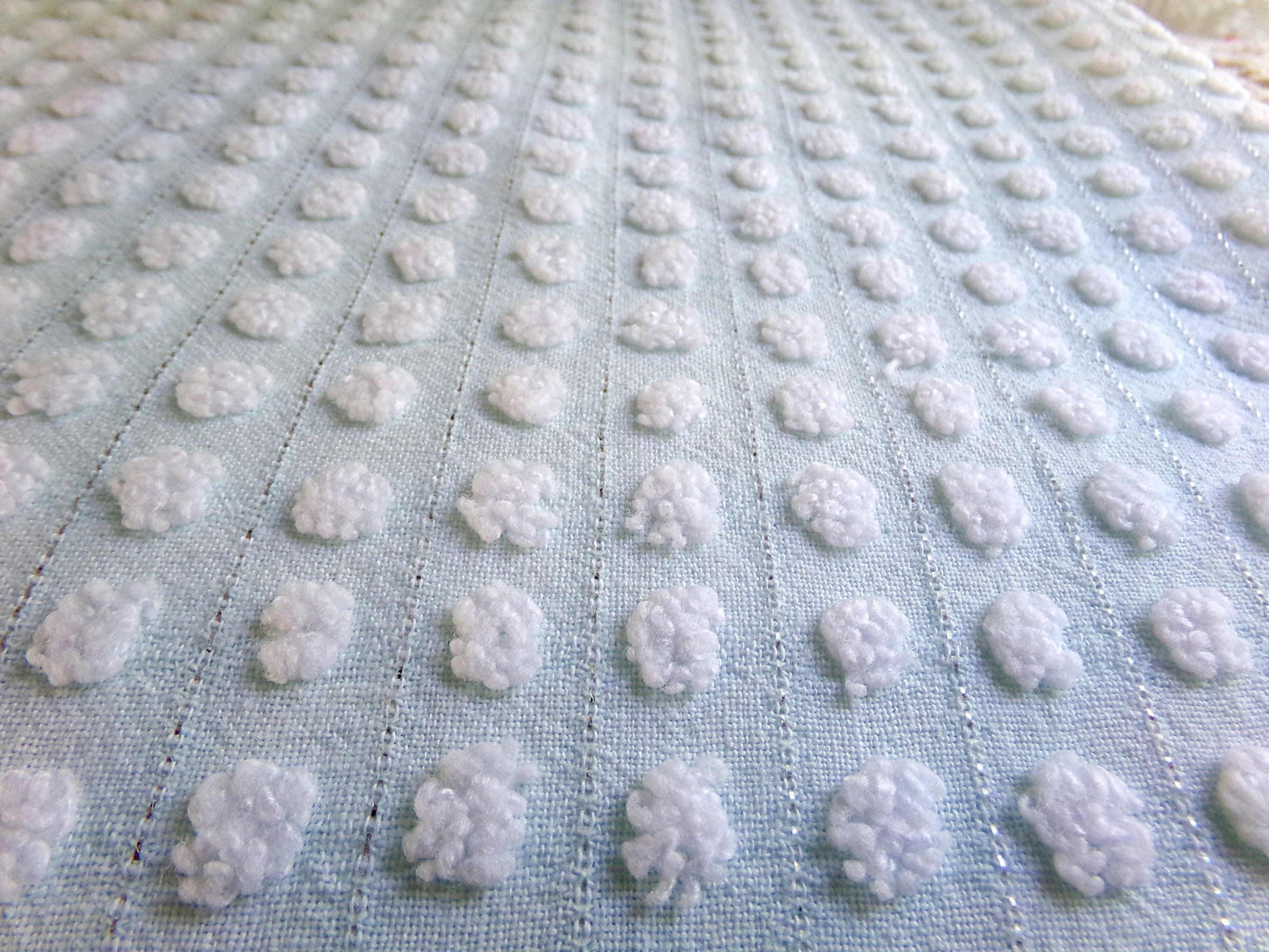 vintage chenille bedspread fabric cool aqua white pops silver lurex 18x24"