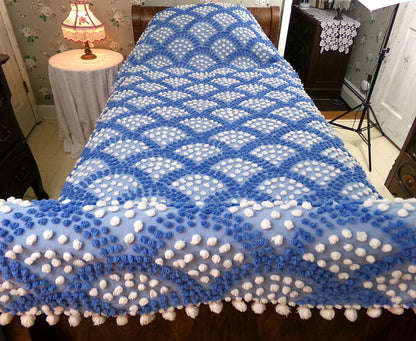 mermaid tail vintage chenille bedspread, lake cottage blue & white shell pop scallop design, full size antique cotton bedding, pom pom trim