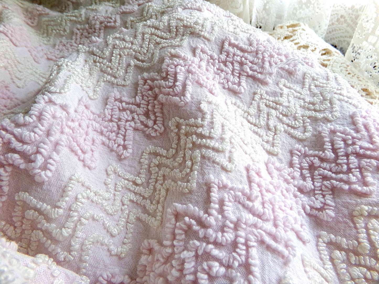 Boho Blush Pink Vintage Chenille Quilt Fabric, Iridescent Vanilla Zig Zags, 20" x 25" inch Piece