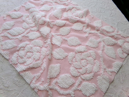 sculpted rose pink vintage chenille fabric, stylized roses cottage chic sewing material, 24" x 20" piece