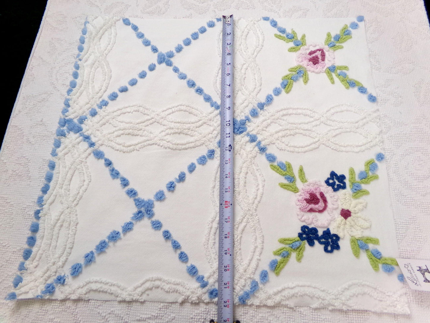 Shabby Coastal Vintage Chenille Fabric, Blue & White Floral Sewing Material 21" x 23" Piece