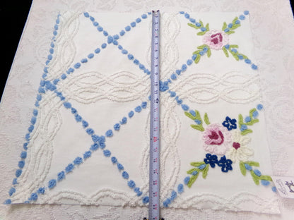 Shabby Coastal Vintage Chenille Fabric, Blue & White Floral Sewing Material 21" x 23" Piece