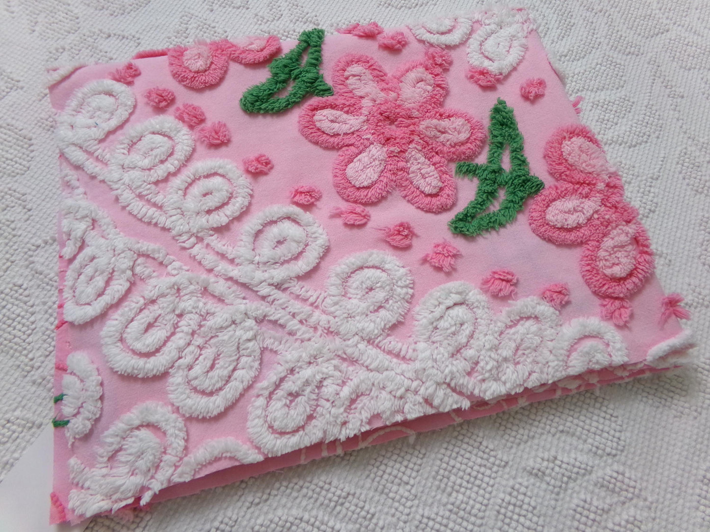 Flower Arch Vintage Chenille Bedspread Fabric, Pink Floral Sewing Material 20" x 24" Piece