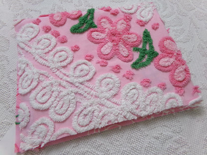 Flower Arch Vintage Chenille Bedspread Fabric, Pink Floral Sewing Material 20" x 24" Piece