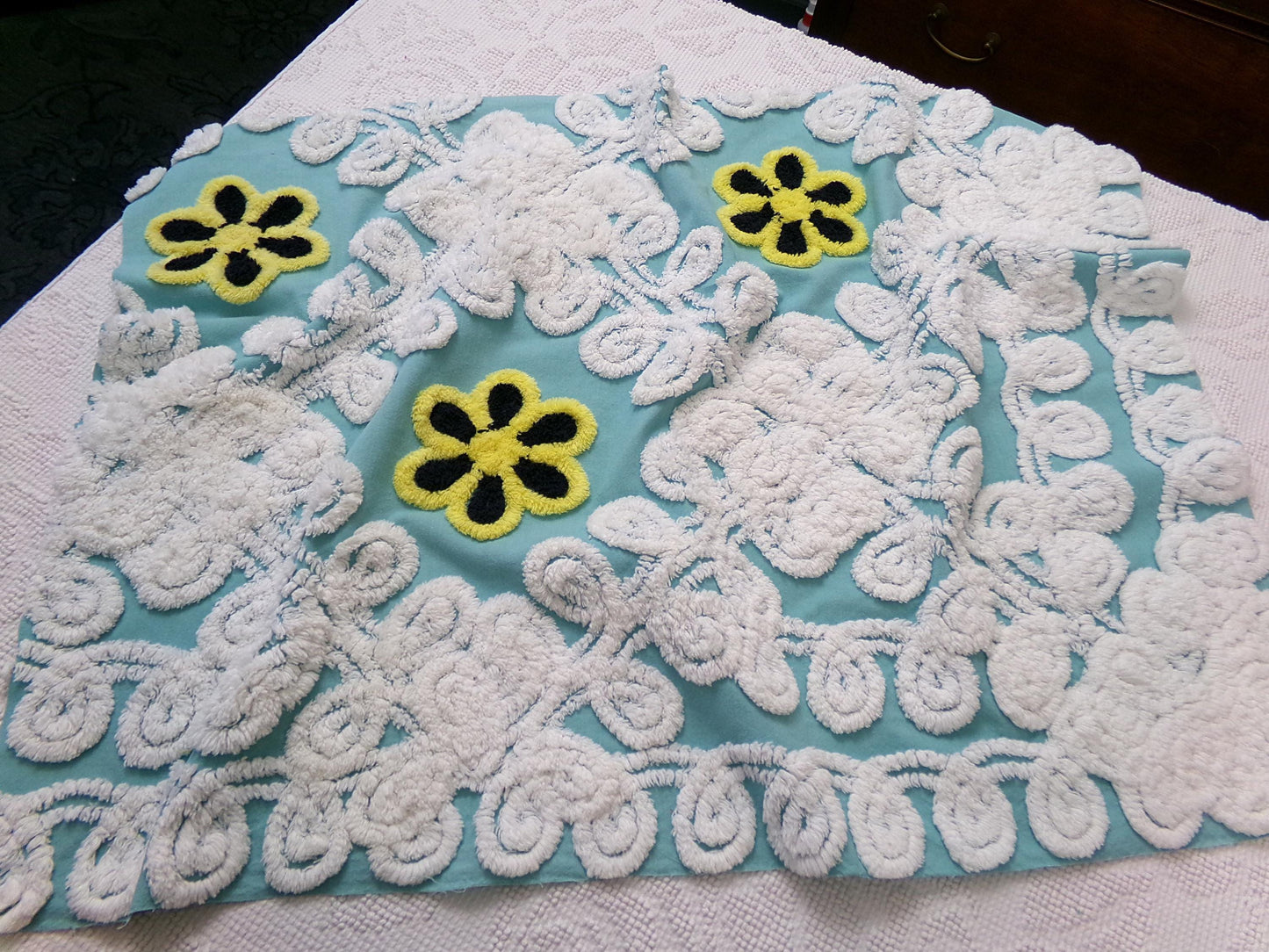 midnight seaspray vintage chenille fabric piece, plush sewing material 20" x 29"