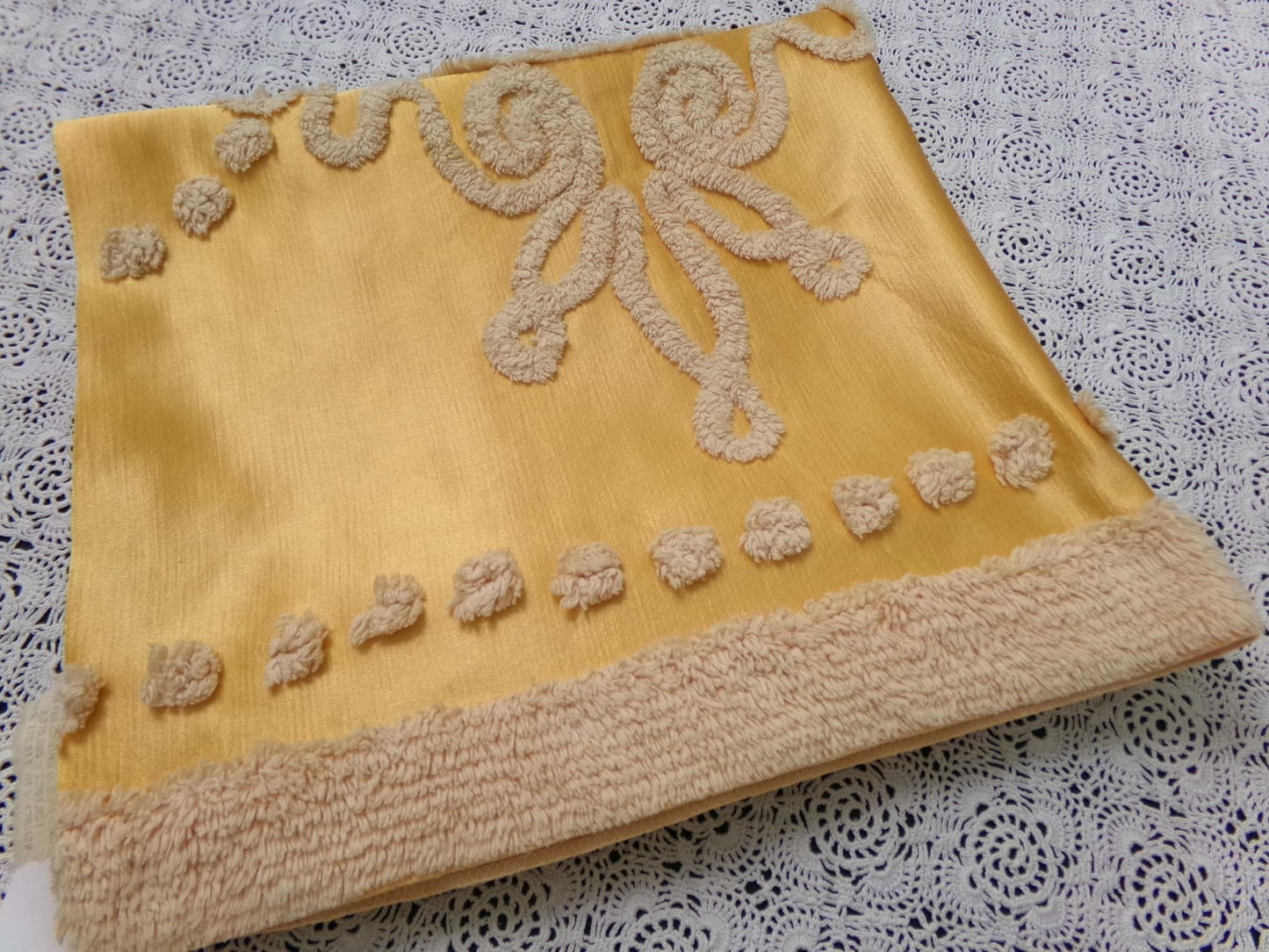 Vintage Gold Satin Chenille Tufted Fabric Swag Scroll Elegant Sewing Material 23x25"