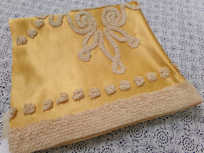 Vintage Gold Satin Chenille Tufted Fabric Swag Scroll Elegant Sewing Material 23x25"
