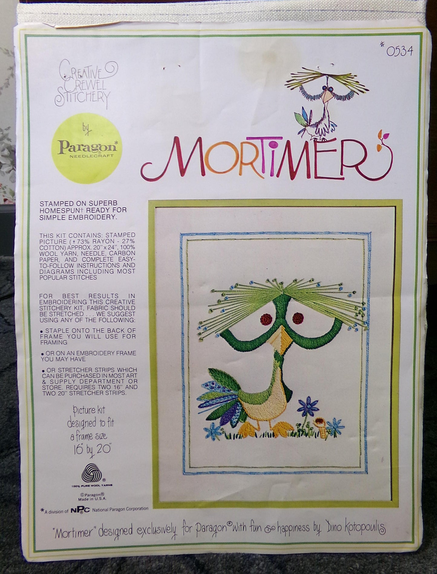 MORTIMER Bird Crewel Embroidery Kit, Rare Vintage Paragon Needlecraft 0534, Kitschy Cute Dino Kotopoulis Design