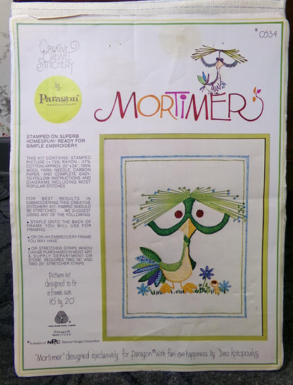 MORTIMER Bird Crewel Embroidery Kit, Rare Vintage Paragon Needlecraft 0534, Kitschy Cute Dino Kotopoulis Design