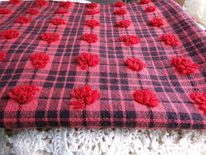 Midnight Black Tartan Plaid Vintage Chenille Bedspread Fabric, Tufted Deep Red Dots, 18" x 24" inch Piece, Lightweight Quilt Material