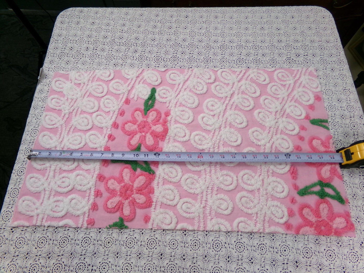 Peeking Pink Flowers Vintage Chenille Bedspread Fabric, 15" x 26" piece
