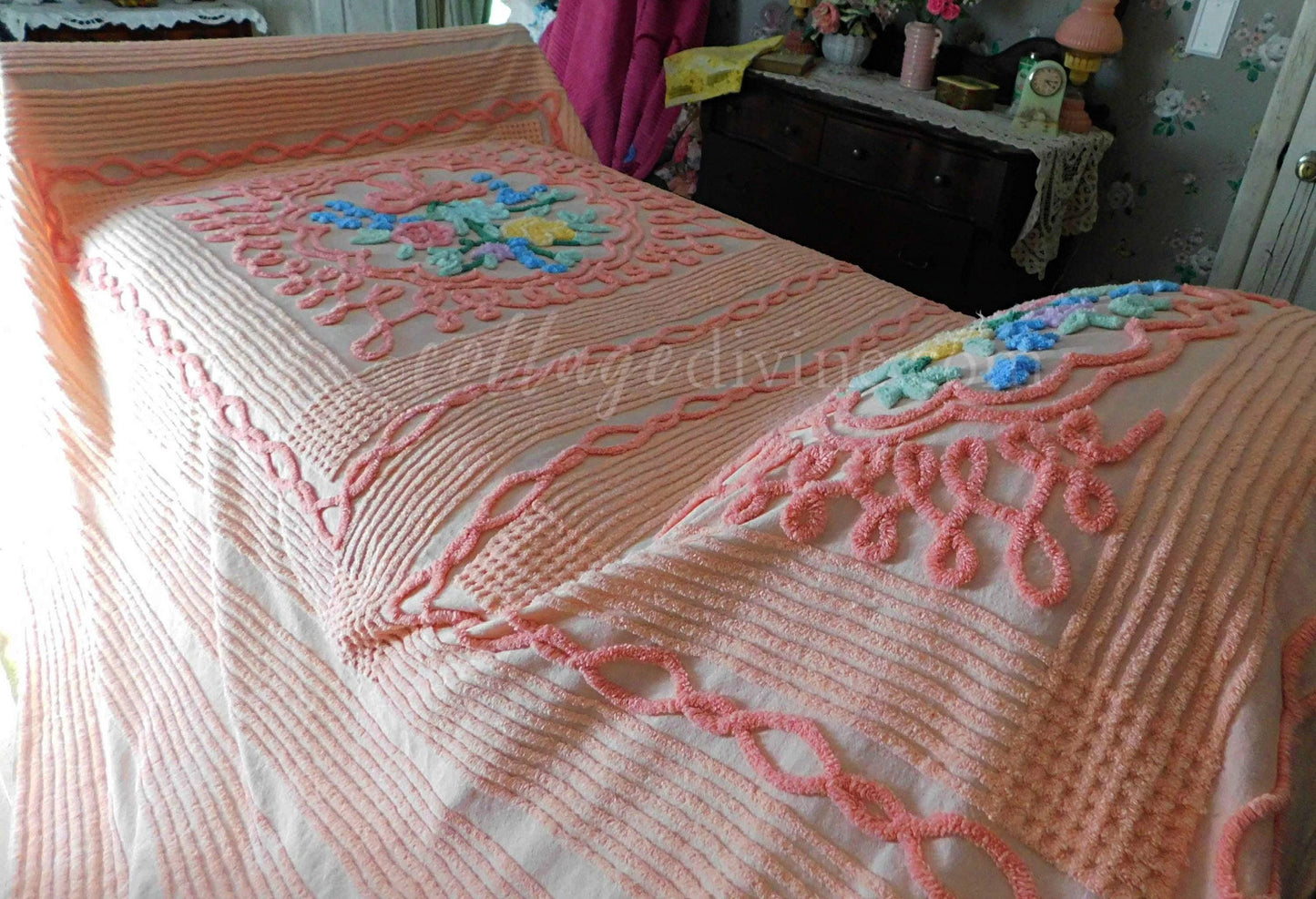 Romantic Vintage Chenille Bedspread, Spring Flowers on Old Fashioned Peach, Full Size 100% Cotton Summer Coverlet