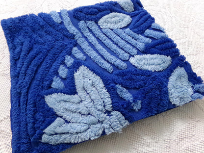 vintage chenille bedspread fabric, mystic blue fan floral sewing material, 22" x 21" piece