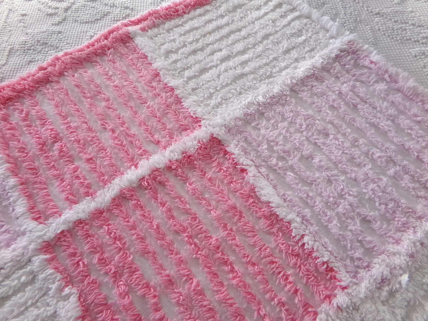 pink & white quilt style vintage chenille fabric, 25" x 20" piece of sewing material for pillows, crafts