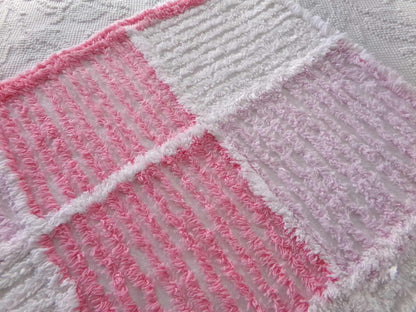 pink & white quilt style vintage chenille fabric, 25" x 20" piece of sewing material for pillows, crafts