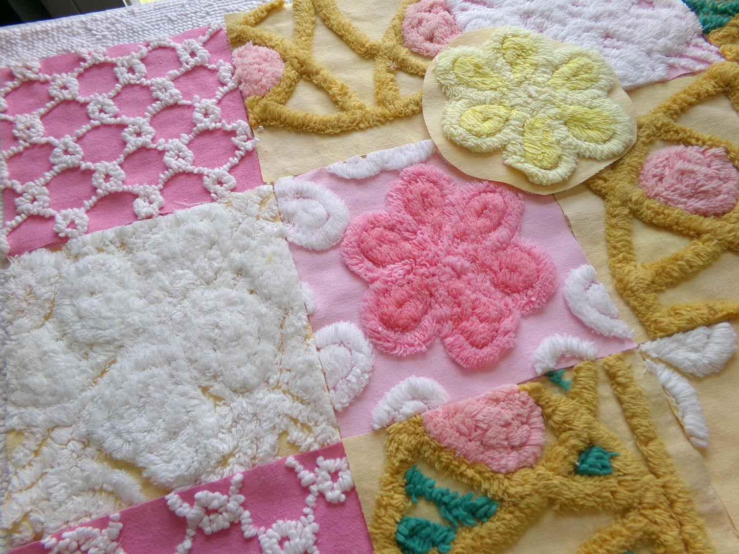 vintage chenille fabric squares, "secret garden" set of 16 floral 6" quilt blocks in yellow, rose pink, gold