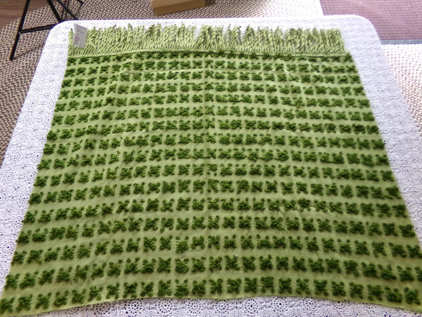 Hippie Chic Vintage Green Rosebud Chenille Fabric, Boho Rose Design