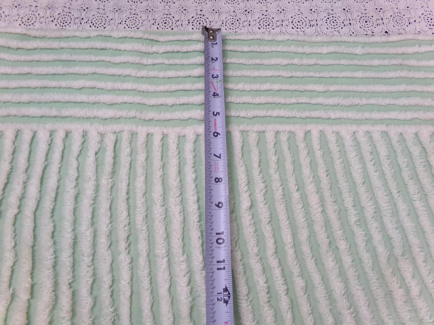 Vintage Chenille Bedspread Fabric, White Multidirectional Stripe Mint Green 18x24"