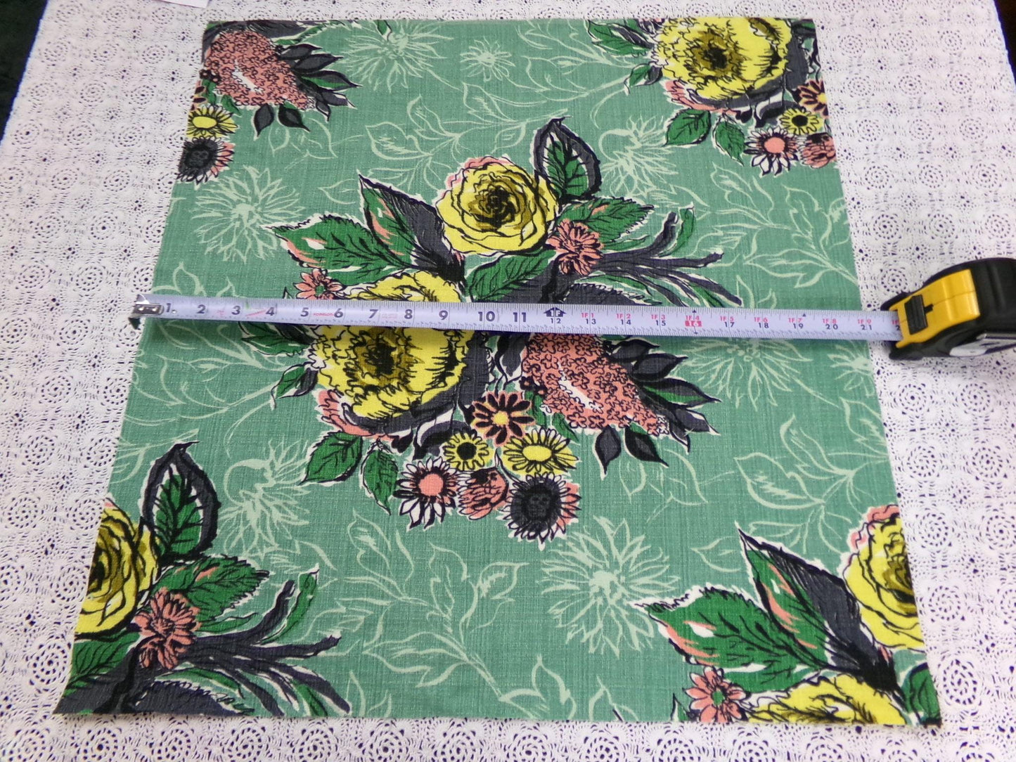 Vintage Green Floral Barkcloth Fabric Panel, Tonal Rose Shadow Leaf Design 21"x20.5"