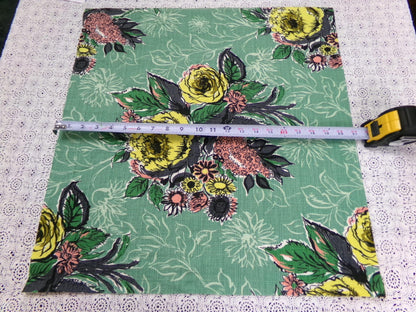 Vintage Green Floral Barkcloth Fabric Panel, Tonal Rose Shadow Leaf Design 21"x20.5"