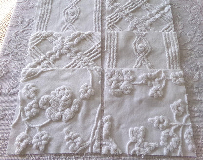 rambling rose vintage chenille fabric squares, set of 6 large 9.5" white quilt blocks, floral & geometric prints for sewing, quilting